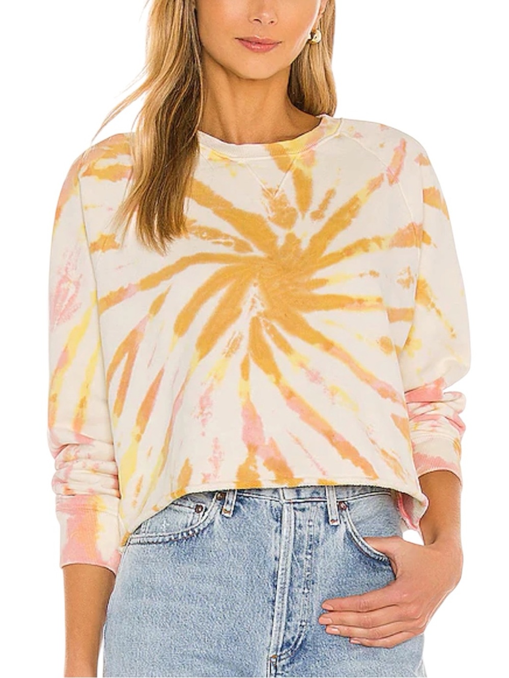 NWT MOTHER Coral Haze/Lemon Tie-Dye The Loafer Crop Fray Sweatshirt - Sz M